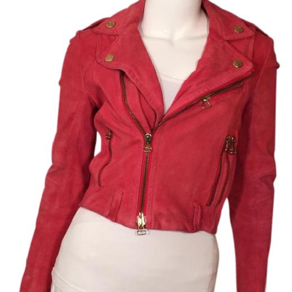 Balmain Pink Suede Leather Moto Cropped Jacket